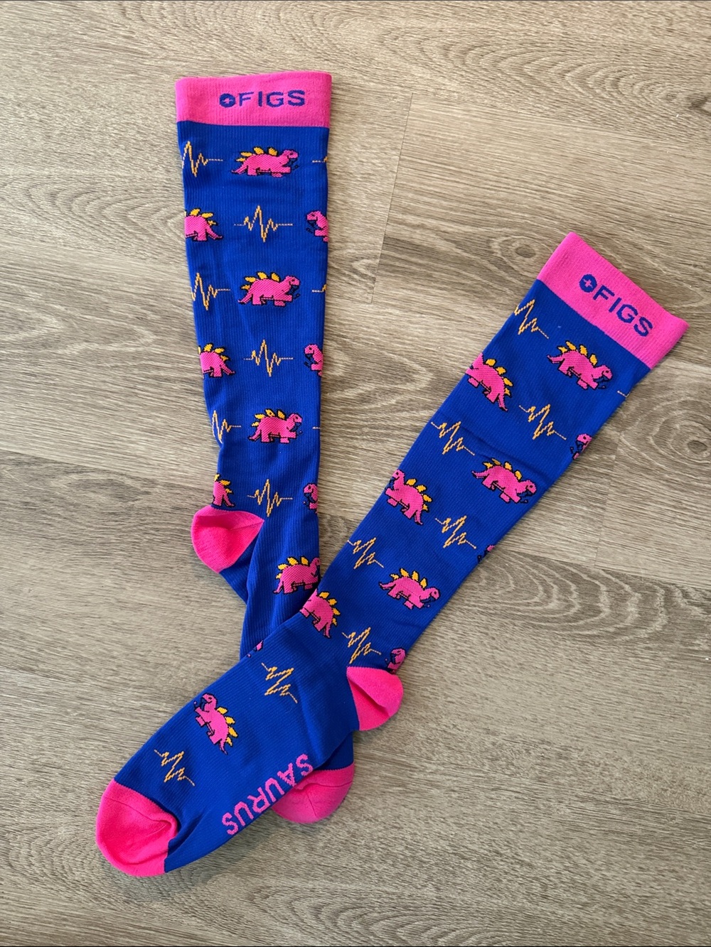 Figs Blue Knee-High Socks with Pink Dinosaur Accents